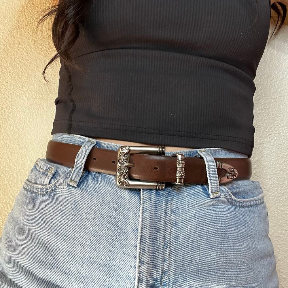 Donna Katz brown genuine leather western belt silver floral buckle MEDIUM 35”